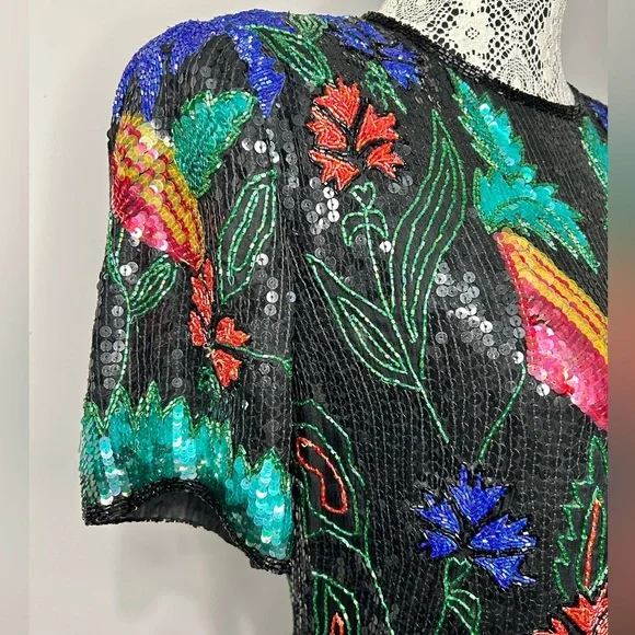 Vintage 80’s silk sequins fully beaded floral design knee length formal dress - Picture 4 of 16
